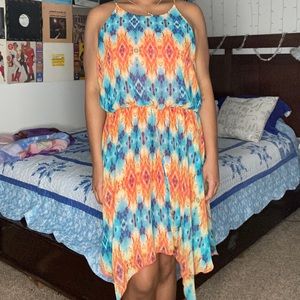 Long flowy city triangles multicolored dress. Size XL with elastic waist band.